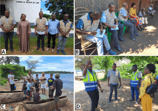 Consultas comunitárias e institucionais: (A) Foto de ocasião referente a uma reunião com a Secretário Permanente do Distrito de Lago; (B) Consulta com o Secretário do Bairro de Chuanga; (C) Sessão preliminar de colecta de dados com pescadores locais; (D) Interacção com a equipe da ITRANSMAR discutindo os impactos climáticos extremos ao longo da costa do Distrito de Lago.